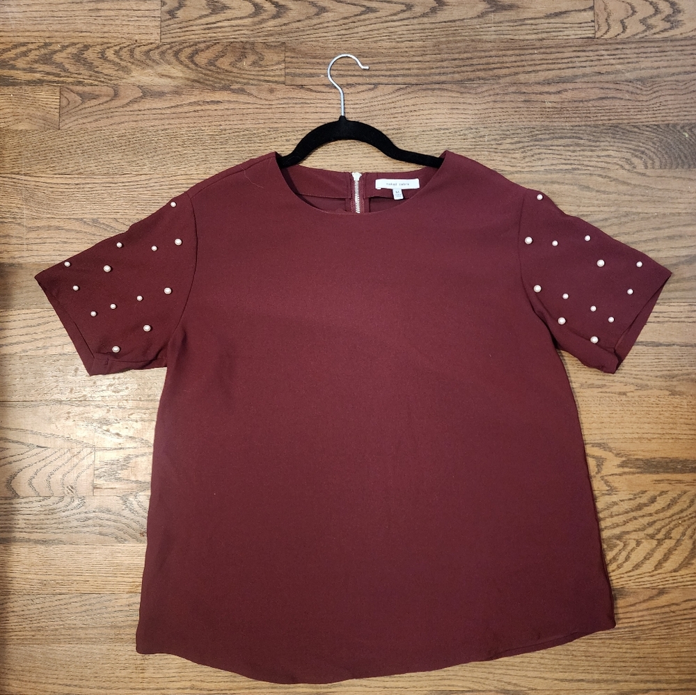 Embellished Burgundy Top with Pearl Accents